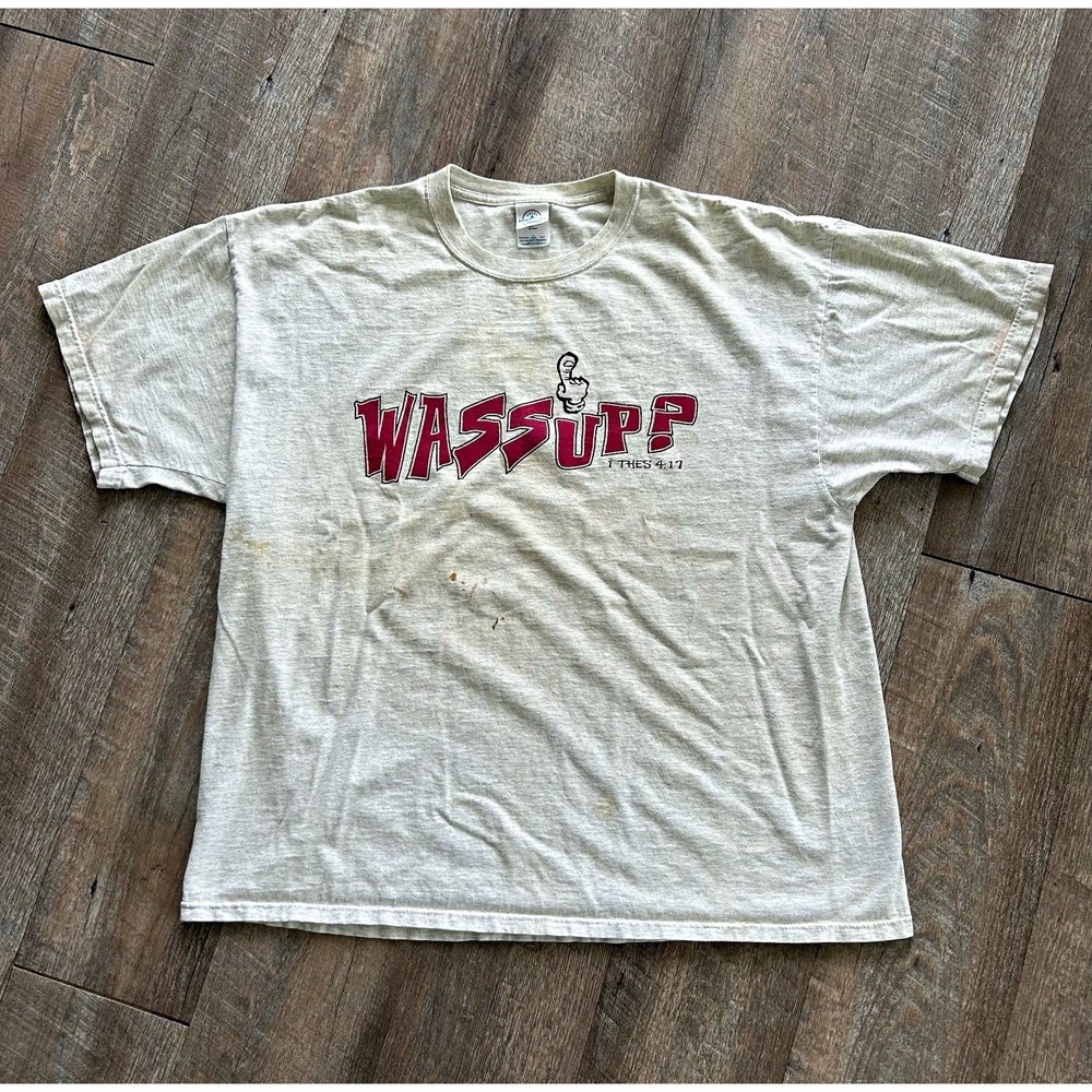 Vintage Wassup Christian Parody Tee fits xl Prayed Up Called Up 1 Thes 4:17 Gray
